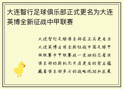 大连智行足球俱乐部正式更名为大连英博全新征战中甲联赛