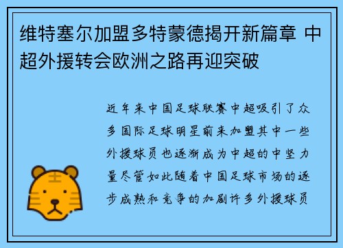 维特塞尔加盟多特蒙德揭开新篇章 中超外援转会欧洲之路再迎突破
